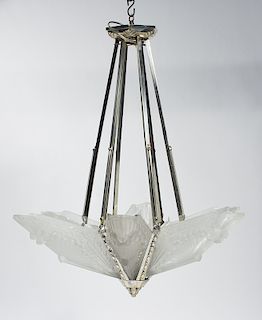 Schneider Art Deco glass and silvered brass hanging light fixture with six patterned frosted glass panels