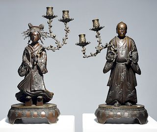 Pair of Meiji period Japanese figural candelabras