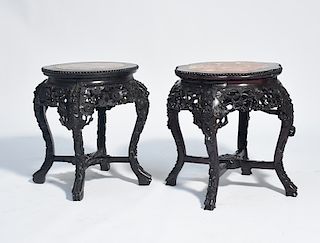 Two 19th C. Chinese carved rosewood and marble inset stands