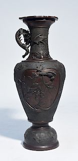 Chinese bronze two-part vase with panels of birds with applied dragons
