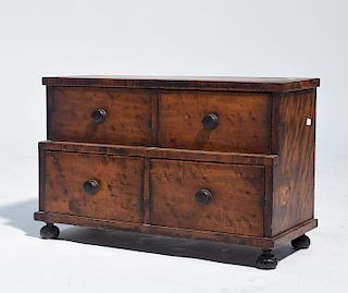 American, early 19th C. tiger maple and flame birch step back four drawer miniature chest