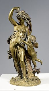 Anatore J. Guillot (French, 1865-1911) 19th C. bronze figure of beautiful young woman with cherub