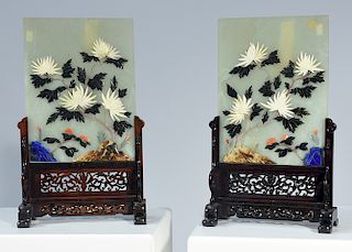 Pair Chinese jade and hardstone table screens