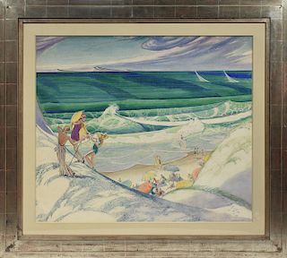 John Rutherford Boyd, Illustrator (Am. 1884-1951) watercolor on paper, “Bathers at the Seashore” ca.1935