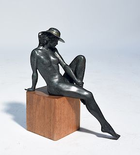 Bronze sculpture seated nude signed. C. Pyne