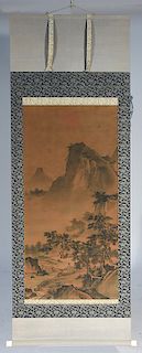 Chinese painted scroll of mountain landscape