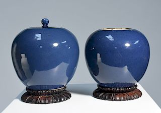 Pair Chinese 19th C. blue glaze ginger jars with lids