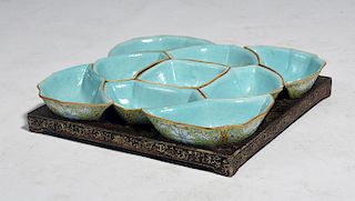 Nine-piece 19th C. Chinese enamel decorated ceramic food server with lacquer tray