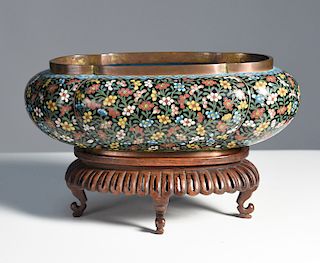 Chinese cloisonné planter on carved rosewood base