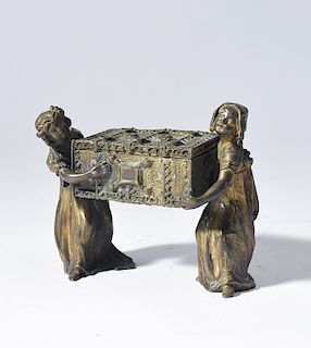 Vienna bronze jewel box supported by two female figures, Carl Kauba
