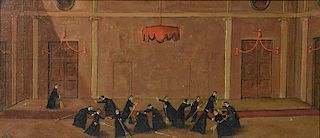 Nino Caffe (Ital. 1909-1975) “Piccola ricreazione” oil on canvas of monks playing with brooms