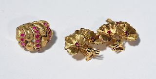 Pair Tiffany & Co. 18K yellow gold and ruby floral ear clips