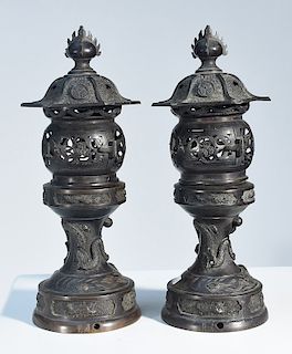 Pair Chinese bronze miniature table lanterns