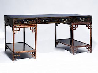 Chinoiserie painted lacquer –style desk on decorated bamboo base