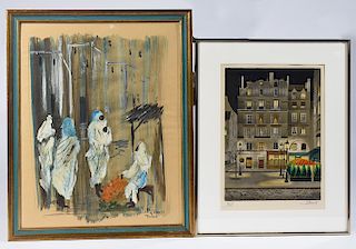 Watercolor by Patrick Franco, “Tangiers” along with a pencil signed lithograph Paris street scene