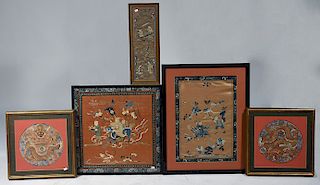 Five Chinese silk needlework panels
