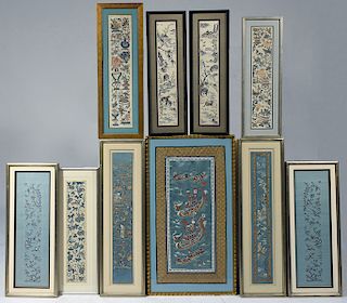 Ten Chinese framed silk needlework panels