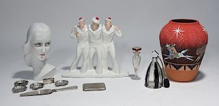 Nine piece lot of Art Deco ceramics, silver, two perfumes, one Native American vase.