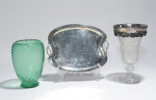 Three piece lot: Mexican sterling tray, clear glass vase  & a green unmarked Steuben vase