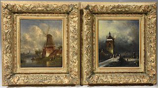 Two 19th C. oil on panel of Dutch winter scenes framed