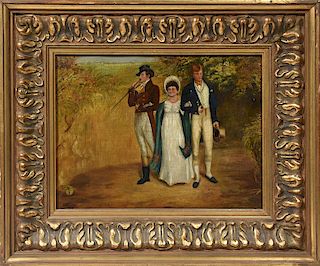 19th C. oil on canvas of three Victorian figures in a landscape, signed “H.M. Carter 1888”
