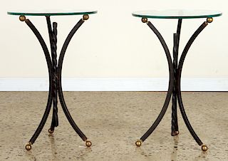 PAIR PETITE IRON BRONZE END TABLES GLASS TOP 1960