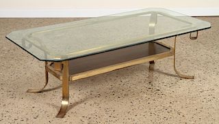 BRONZE AND GLASS COFFEE TABLE INSET WALNUT C.1960