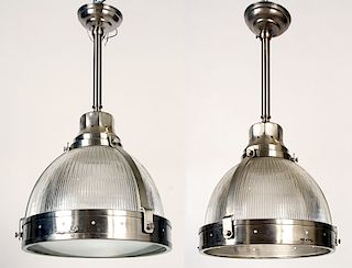 PAIR STEEL AND GLASS HANGING INDUSTRIAL LIGHTS