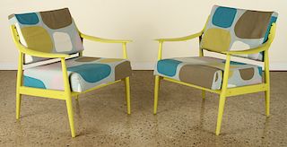PAIR MODERN PAINTED OPEN ARM CHAIRS UPHOLSTERED
