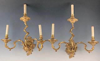 A Fine Pair of French Rococo Bronze Dore Wall Sconces