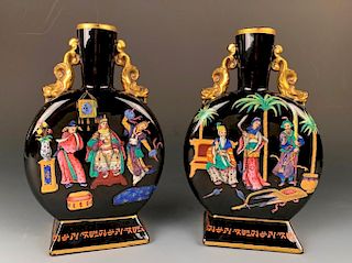 Pair of English Chinoiserie Enameled Glass Moon Flasks