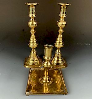 Three Antique English Brass Candlesticks