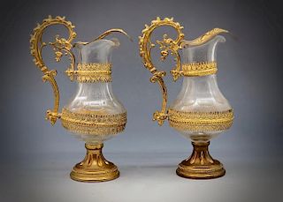 A Pair of French Gilt Mounted Cut Glass Ewers