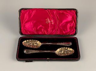 A Pair of English Silver Berry Spoons in Fitted Case