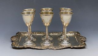 Six Sterling Silver Cordials and Tray