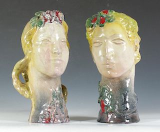 Pair of Glazed Ceramic Heads by Walter Sinz