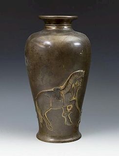 Japanese Bronze Vase with Horse and Boys
