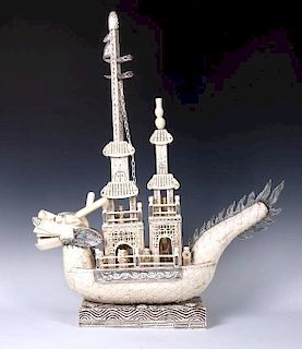 Chinese Carved Bone Dragon Ship