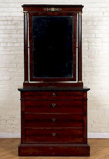 FRENCH MAHOGANY MARBLE TOP COMMODE & MIRROR