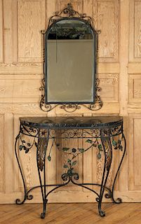 WROUGHT IRON MARBLE TOP CONSOLE WITH MIRROR C1940