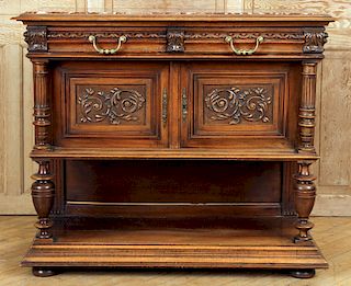 MARBLE TOP FRENCH CARVED WALNUT SERVER C.1900
