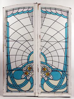 PAIR FRENCH ART DECO STAINED GLASS WINDOWS C.1920