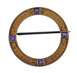 Antique 14k Gold Sapphire Circle Brooch Pin 