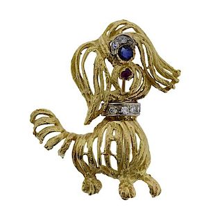 1960s 18k Gold Diamond Ruby Sapphire Yorkie Dog Brooch 