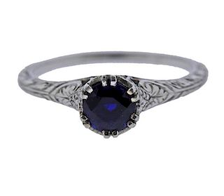 Art Deco Platinum  Blue Stone Ring 