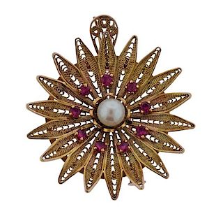 14k Gold Pearl Pink Stone Pendant Brooch 
