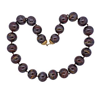 18K Gold Iron Tiger&#39;s Eye Bead Necklace
