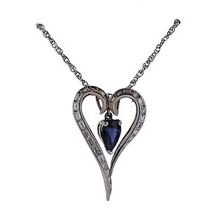 14K Gold Diamond Sapphire Heart Pendant Necklace