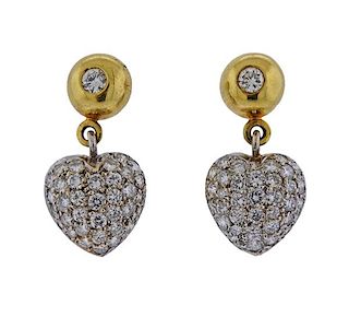 18K Gold Diamond Dangle Heart Earrings