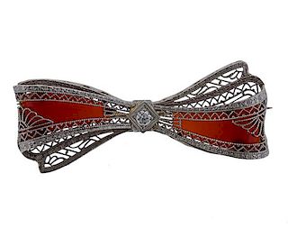 Art Deco Filigree Diamond Carnelian Bow Brooch Pin 
